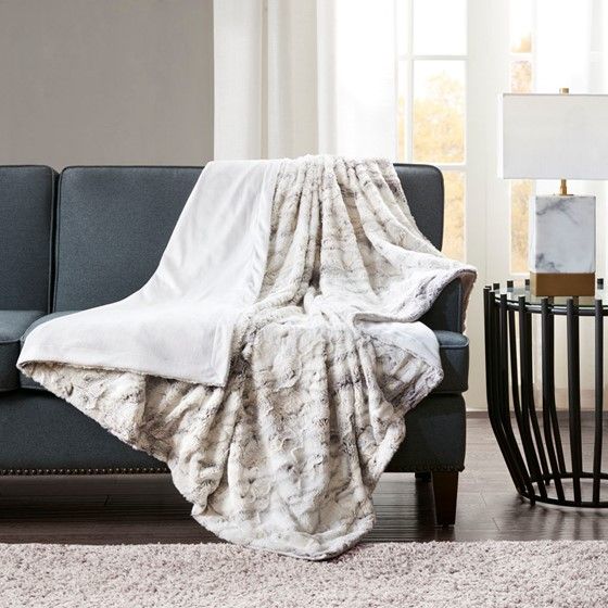 Olliix by Madison Park Sachi Natural 60x70" Polyester Marble Printed Knitted Long Fur Throw-2