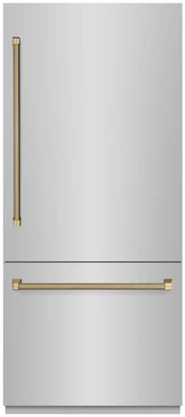 ZLINE Autograph Edition 36" 19.8 Cu. Ft. Stainless Steel Built In Bottom Freezer Refrigerator with Water Dispenser, Ice Maker, Graphite Gray Interior and Champagne Bronze Helix Handles-0