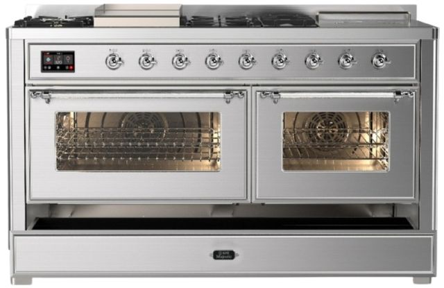 Ilve® Majestic III 60" Stainless Steel Pro Style Dual Fuel Liquid Propane Range with French Top and Chrome Trim-2