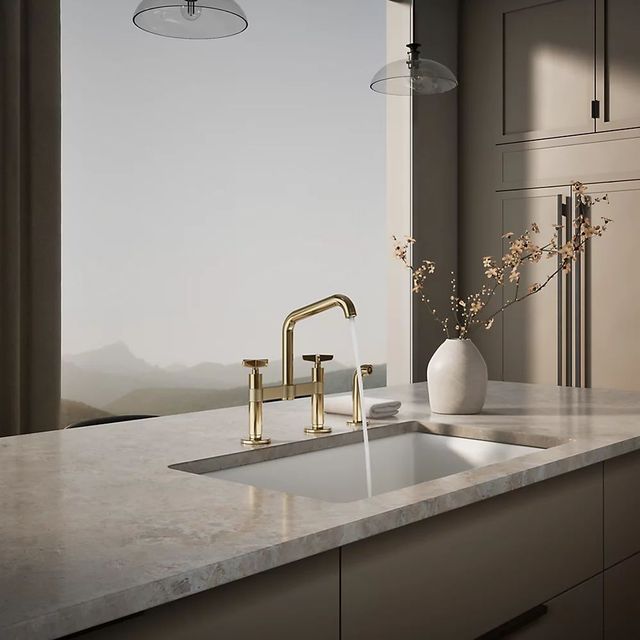 KOHLER® Billet® Vibrant French Gold 2-Hole Bridge Kitchen Sink Faucet with Side Sprayer-3