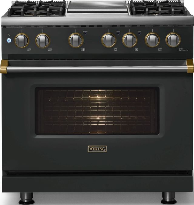 Viking® 5 Series 36" Antique Bronze Pro Style Dual Fuel (LP) Range with Brushed Brass Trim-2