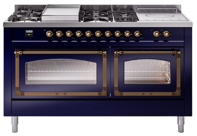 Ilve® Nostalgie II Noblesse 60'' Midnight Blue Pro Style Dual Fuel Range with Burnished Trim-0