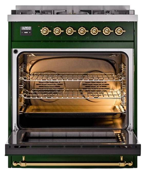 Ilve® Nostalgie II Noblesse 30" Emerald Green Pro Style Dual Fuel Range with Brass Trim-2