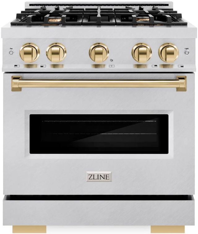 ZLINE Classic Autograph Edition 30" Satin Stainless Steel Pro Style Dual Fuel Range with Polished Gold Accents-0