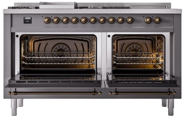 Ilve® Nostalgie II Noblesse 60'' Graphite Matte Pro Style Dual Fuel Range with Burnished Trim-2