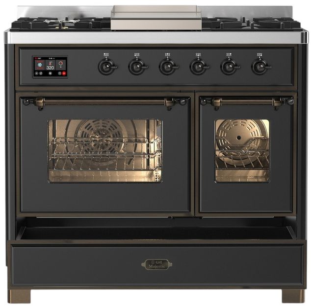 Ilve® Majestic III 40" Graphite Matte Pro Style Dual Fuel Liquid Propane Range with Triple Glass Door and Burnished Trim-2