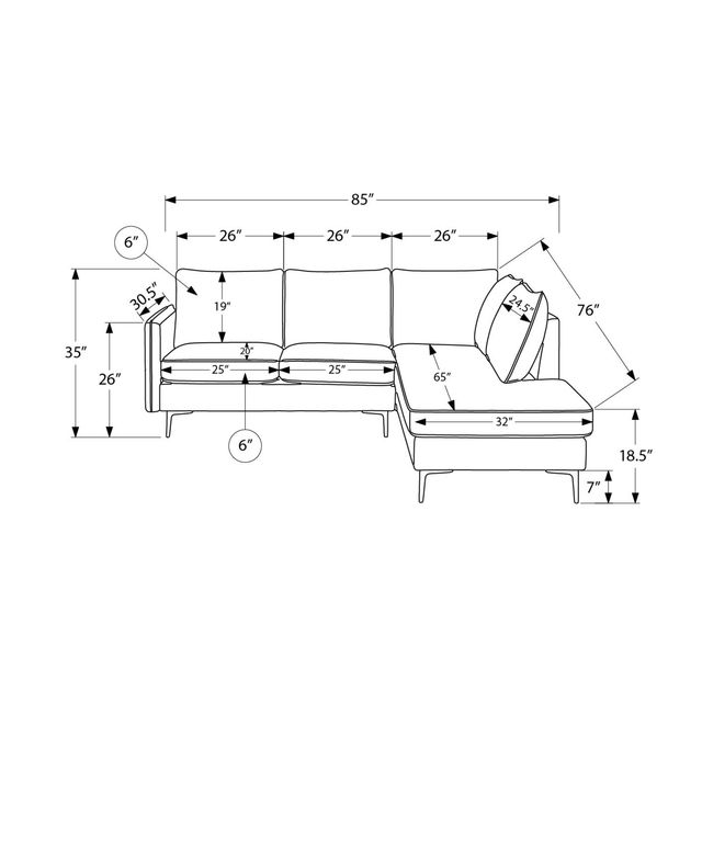 Monarch Specialties Inc. Black 86" Right-Arm Facing Sofa Sectional and Chaise with Black Metal Legs-2