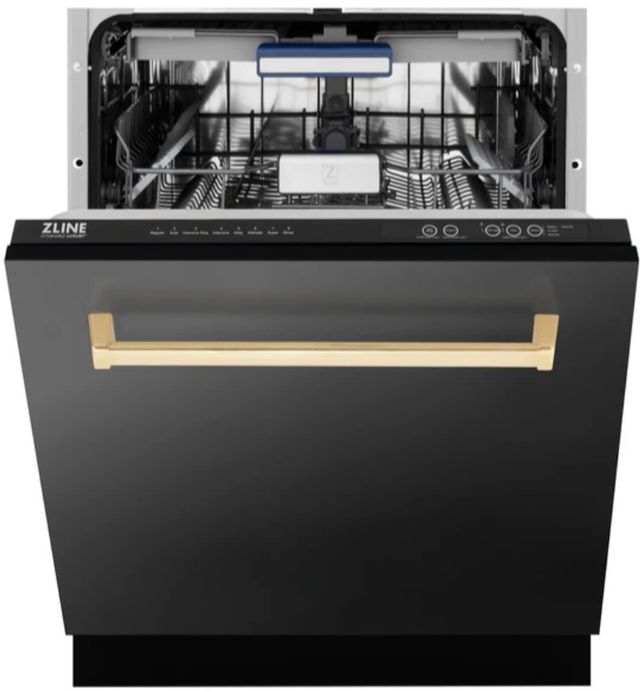 Zline Autograph Edition Tallac Series 24" Black Stainless Steel Top Control Built in Dishwasher with Polished Gold Handle-2