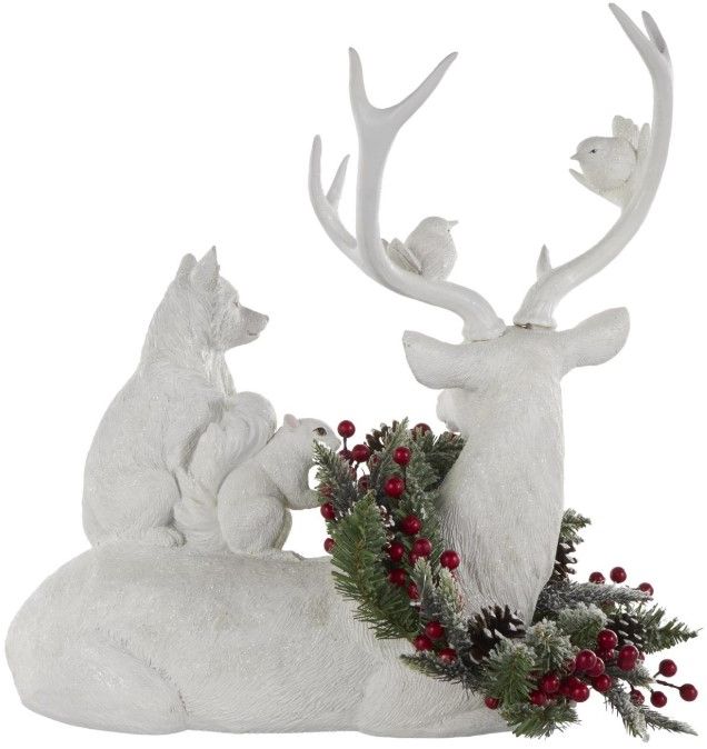 Deco Marche White Reindeer Textured Holiday Christmas Sculpture with Birds, Fox, Squirrel, and Holly Accent-1
