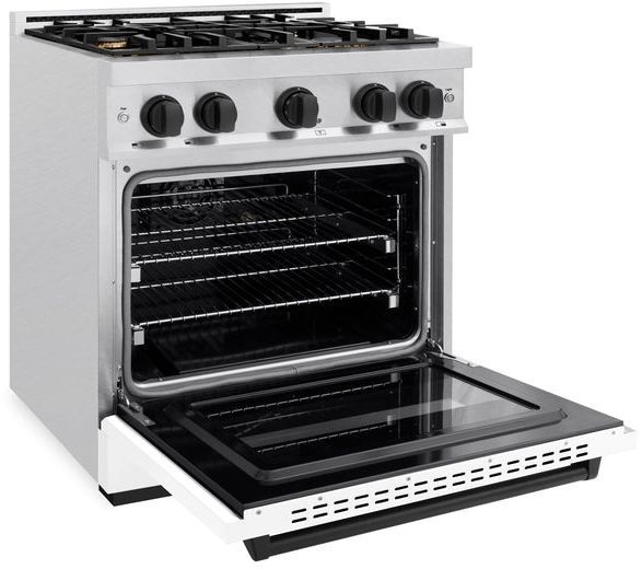 ZLINE Classic Autograph Edition 30" Satin Stainless Steel Pro Style Gas with White Matte Door and Matte Black Accents-3