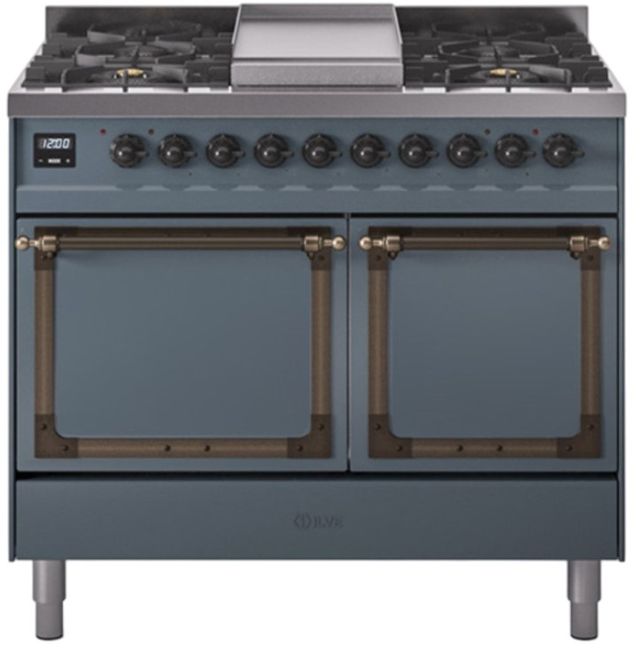 Ilve® Nostalgie II Noblesse 40'' Blue Gray Pro Style Dual Fuel Range with Burnished Trim-0