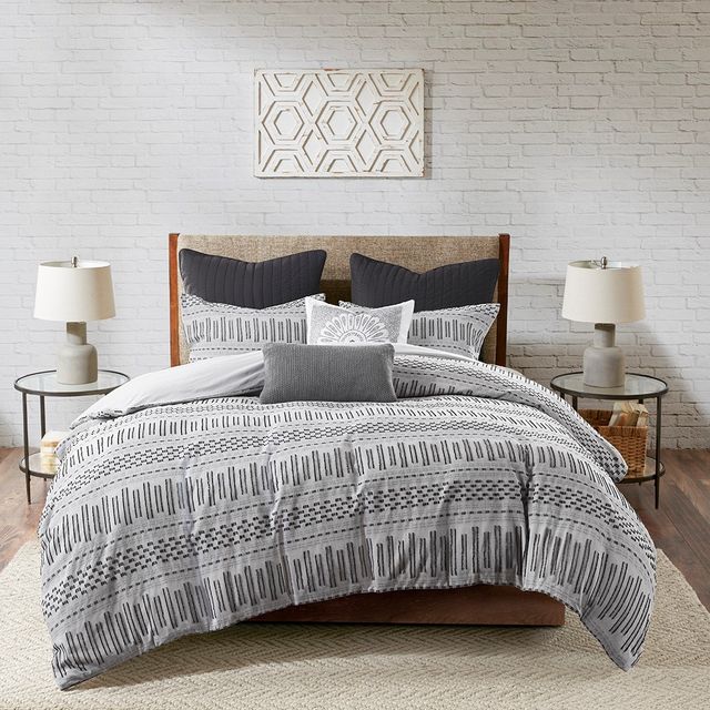Olliix by INK+IVY Grey Full/Queen Rhea Cotton Jacquard Duvet Cover Mini Set-4