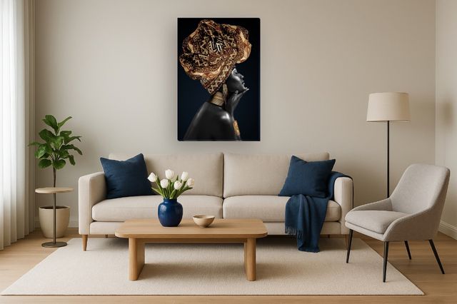 Classy Living Dramatic Gold Headdress Portrait on Black Wall Art-1