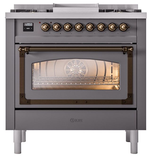 Ilve® Nostalgie II Noblesse 36'' Graphite Matte Pro Style Dual Fuel Range with Burnished Trim-1