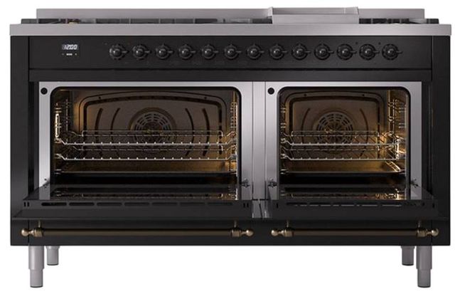 Ilve® Nostalgie II Noblesse 60'' Glossy Black Pro Style Dual Fuel Range with Burnished Trim-2