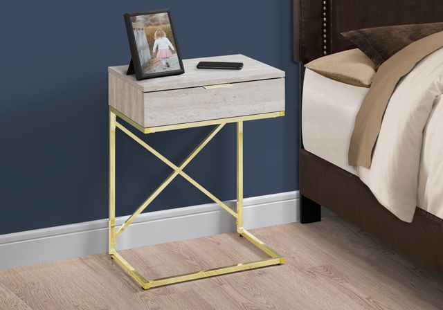Monarch Specialties Inc. Beige Marble 24"H Drawer Accent Table with Gold Metal Base-2