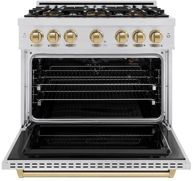 ZLINE Autograph Edition 36" 5.2 cu. ft. Gas Range with 6 Burner DuoPro™ Cooktop and Convection Gas Oven in Stainless Steel and Champagne Bronze Accents-1