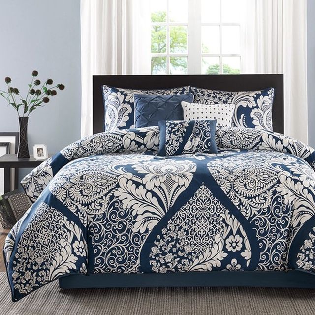 Olliix by Madison Park Indigo Queen Vienna 7 Piece Cotton Printed Comforter Set-0