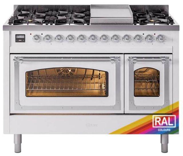 Ilve® Nostalgie II Noblesse 48'' Custom RAL Color Pro Style Dual Fuel Range with Chrome Trim-0