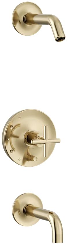 KOHLER® Purist® Rite-Temp® Vibrant French Gold .38" Bath and Shower Trim Kit with Push-Button Diverter and Cross Handle-0