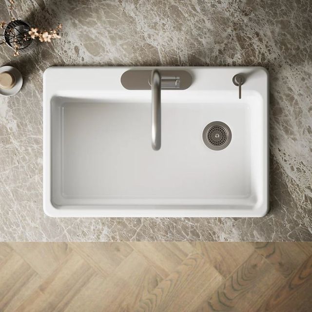 KOHLER® Riverby® White 33" 4-Faucet Hole Top-Mount Single-Bowl Workstation Kitchen Sink-2