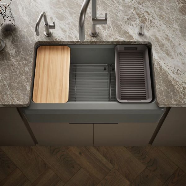 KOHLER® Riverby® Thunder Gray 36" Undermount Single-Bowl Farmhouse Workstation Kitchen Sink with Accessories-1