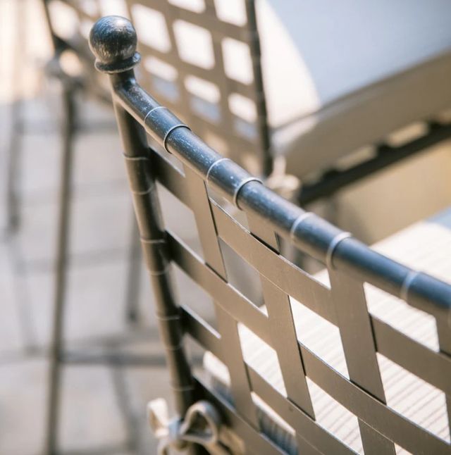 Sunset West Provence Century Pewter Antique Wrought Iron Outdoor Bar Stool with Canvas Flax Cushion-3