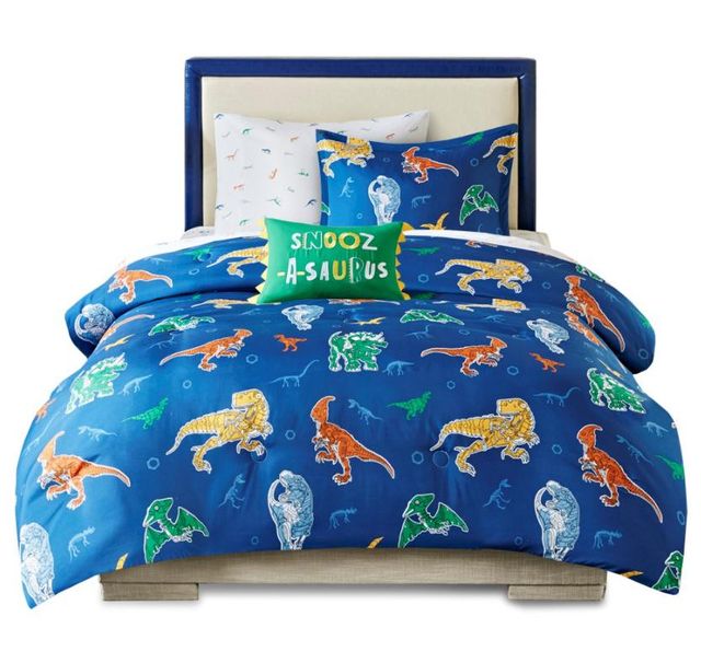 Olliix by Mi Zone Kids Logan Blue Full/Queen Robot Dinosaur Complete Bed and Sheet Set-0