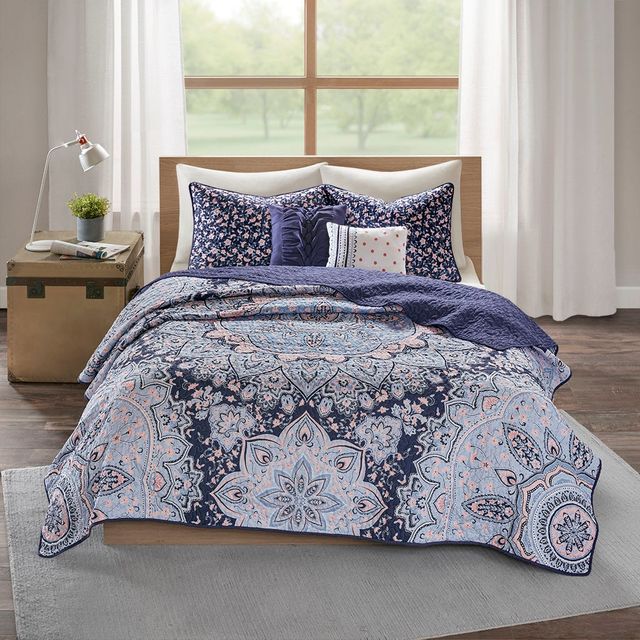 Olliix by Intelligent Design Odette Blue Full/Queen Boho Reversible Coverlet Set-0