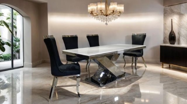 Furniture of America® Palazzo 7-Piece Chrome Dining Table Set with Black Chairs-2