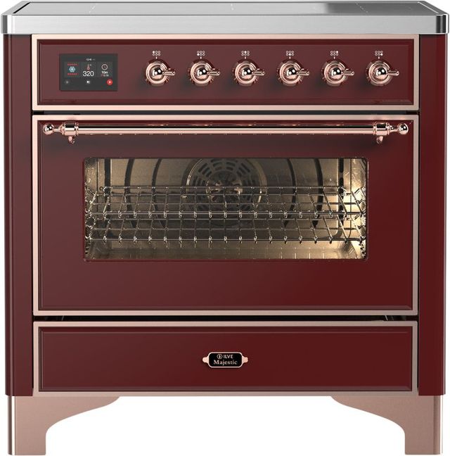 Ilve® Majestic III 36" Burgundy Pro Style Induction Range with Triple Glass Door and Copper Trim-0