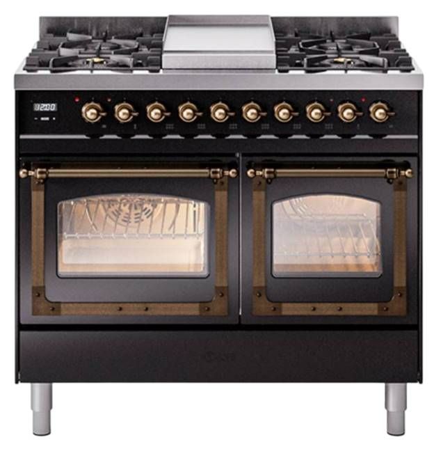 Ilve® Nostalgie II Noblesse 40'' Glossy Black Pro Style Dual Fuel Range with Burnished Trim-0