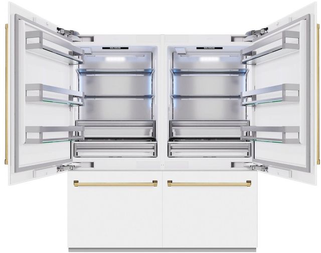 ZLINE Autograph Edition 72" 39.6 Cu. Ft. White Matte Built-In French Door Refrigerator with Water Dispensers, Ice Makers, and Polished Gold Accents-2