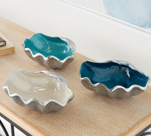 Deco Marche 3-Piece Multi-Colored Shell Decorative Bowl with Silver Base Set-4