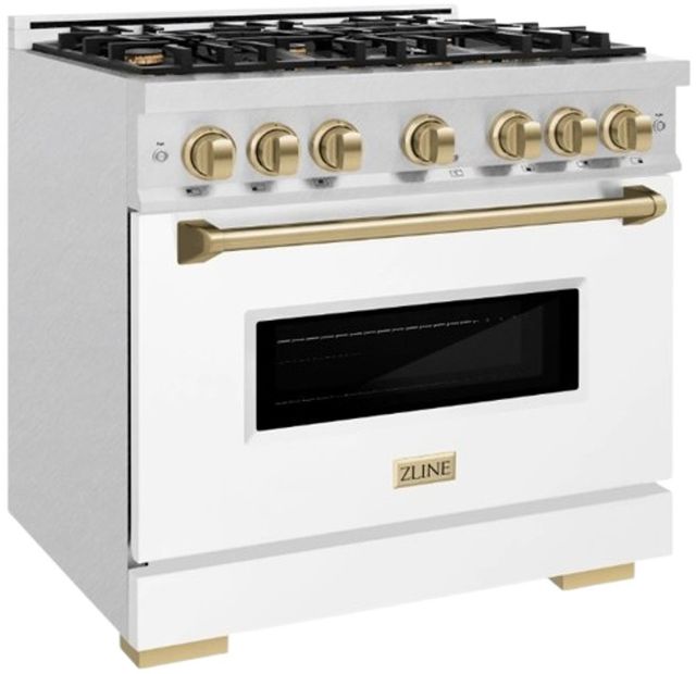 ZLINE Classic Series Autograph Edition 36" Satin Stainless Steel Pro Style Dual Fuel Range with White Matte Door and Champagne Bronze Accents-2