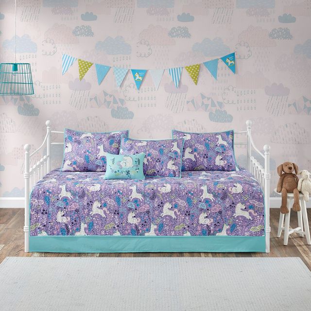 Olliix by Urban Habitat Kids Lola 6 Piece Unicorn Cotton Reversible Purple Daybed Set-0