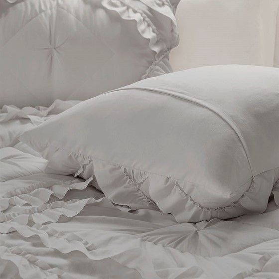 Olliix by Intelligent Design Kacie Grey Twin/Twin Extra Large Solid Coverlet Set with Tufted Diamond Ruffles-4