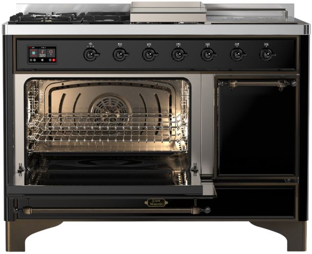Ilve® Majestic III 48" Glossy Black Pro Style Dual Fuel Natural Gas Range with French Top and Burnished Trim-2