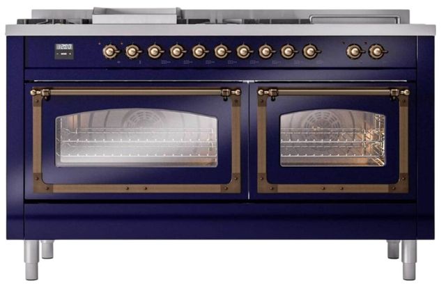 Ilve® Nostalgie II Noblesse 60'' Midnight Blue Pro Style Dual Fuel Range with Burnished Trim-1