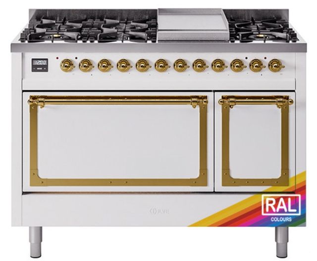Ilve® Nostalgie II Noblesse 48'' Custom RAL Color Pro Style Dual Fuel Range with Brass Trim-0