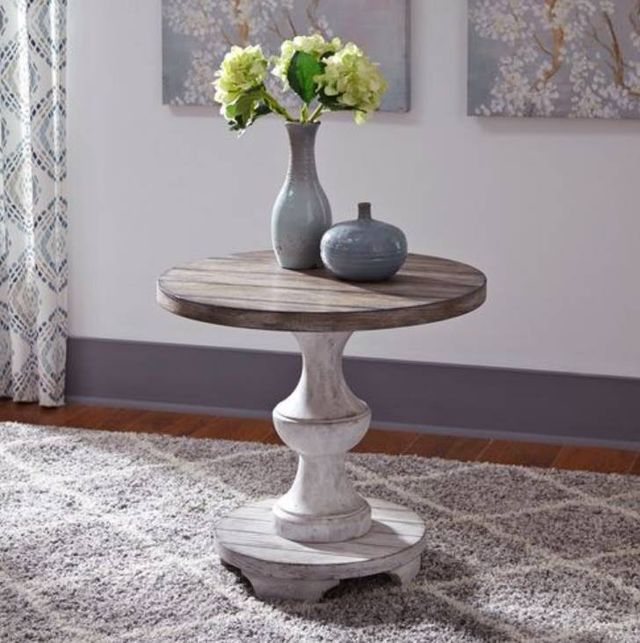 Liberty Furniture Sedona Gravel Round End Table with Heavy Distressed White Base-1