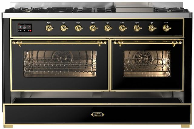 Ilve® Majestic III 60" Glossy Black Pro Style Dual Fuel Natural Gas Range with Triple Glass Door and Brass Trim-1