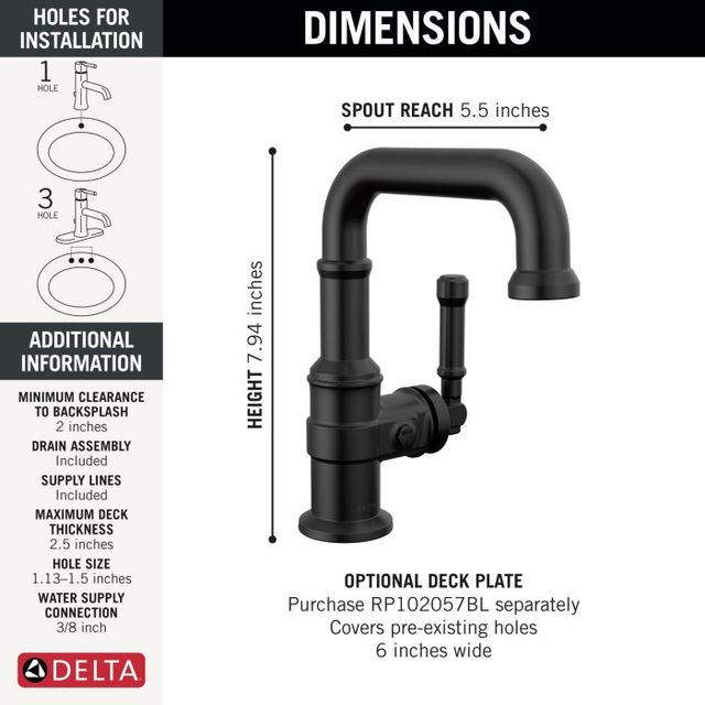Delta Broderick® Matte Black 8" Single Handle Bathroom Faucet with Drain-1