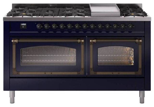 Ilve® Nostalgie II Noblesse 60'' Midnight Blue Pro Style Dual Fuel Range with Burnished Trim-0
