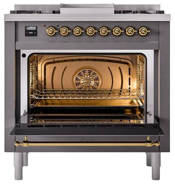 Ilve® Nostalgie II Noblesse 36'' Graphite Matte Pro Style Dual Fuel Range with Brass Trim-1