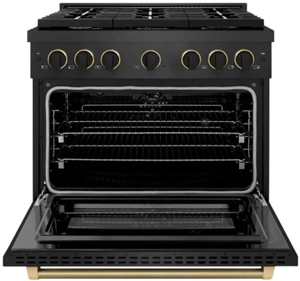 ZLINE Designer Collection Paramount 36" 5.2 cu. ft. Black Satin Stainless Steel Dual Fuel Range with 6 Brass Burners Gas Cooktop and Electric Convection Oven with Champagne Bronze/Matte Black Accent-1