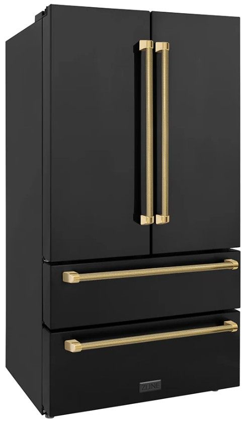ZLINE Autograph Edition 36" 22.5 Cu. Ft. Fingerprint-Resistant Black Stainless Steel Counter Depth French Door Refrigerator with Polished Gold Helix Handles-2