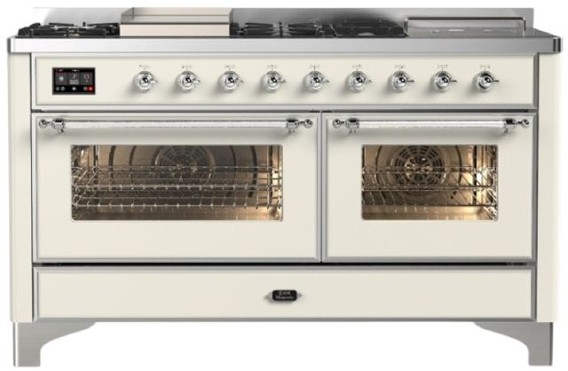 Ilve® Majestic III 60" Antique White Pro Style Dual Fuel Liquid Propane Range with French Top and Chrome Trim-0