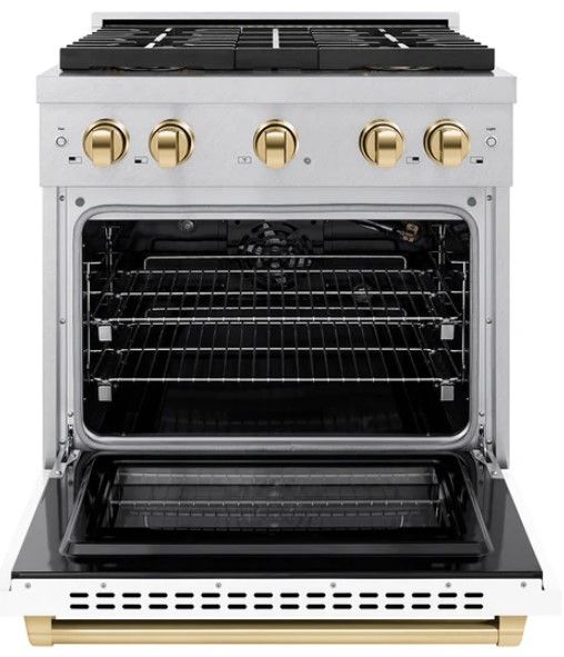 ZLINE Autograph Edition Paramount 30" 4.2 Cu. Ft. Satin Stainless Steel Gas Range with 4 Burner DuoPro™ Cooktop, Convection Gas Oven, White Matte Door and Polished Gold Accents-1
