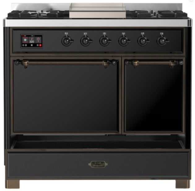 Ilve® Majestic III 40" Glossy Black Pro Style Dual Fuel Natural Gas Range with Solid Door and Burnished Trim-2